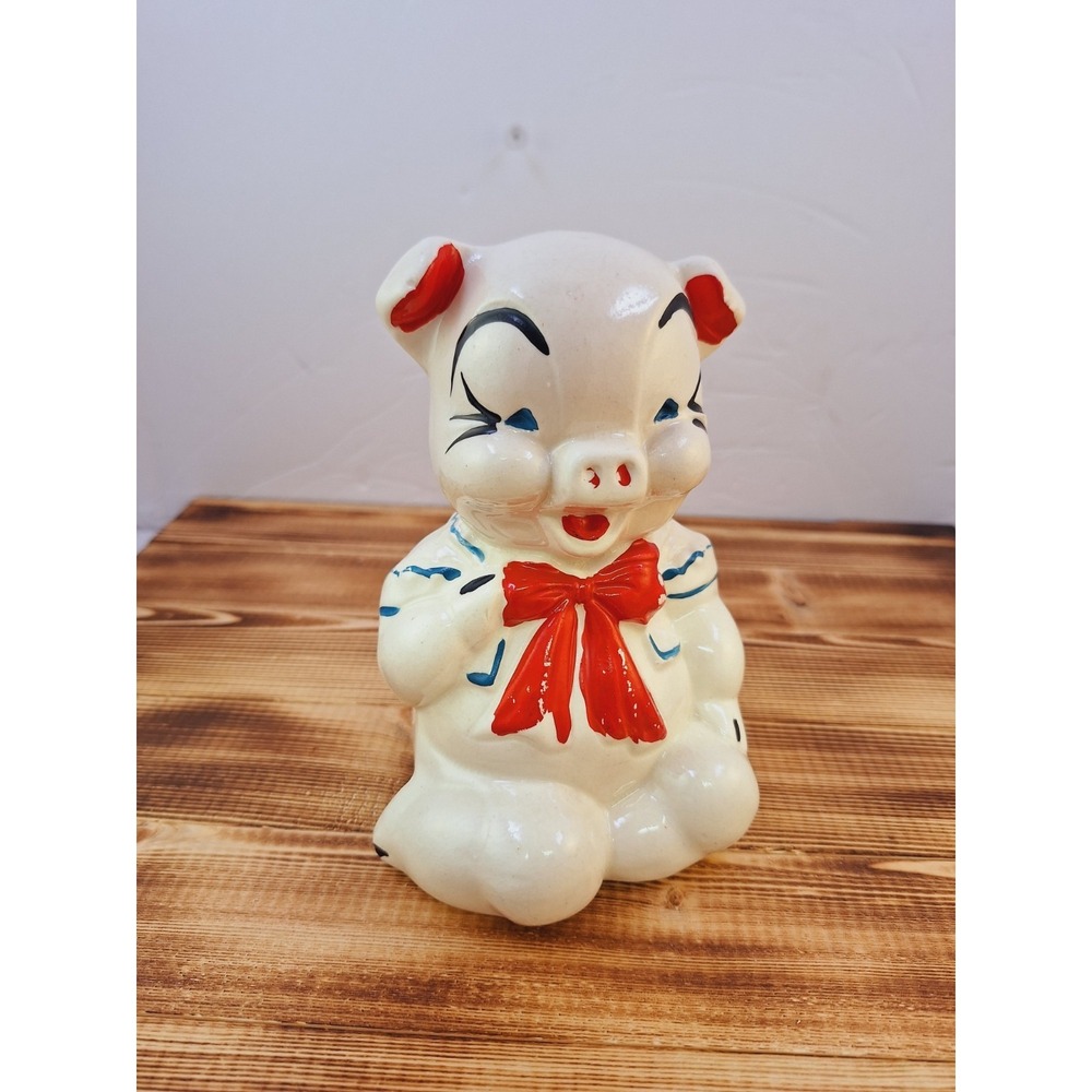 Vintage American Bisque Pottery Ceramic PORCELAIN Pig Piggy‎ Bank RED Bow tie